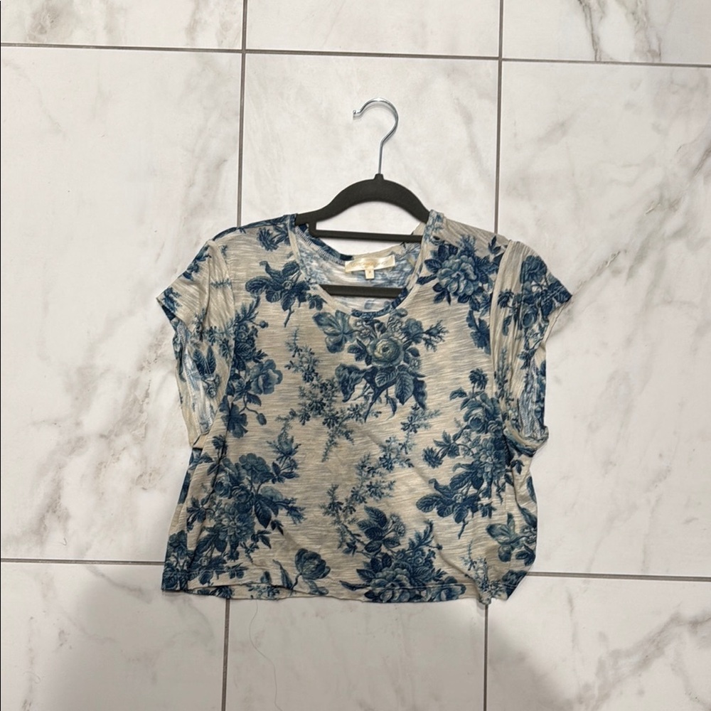 LoveShackFancy Blue and White Crop T-Shirt